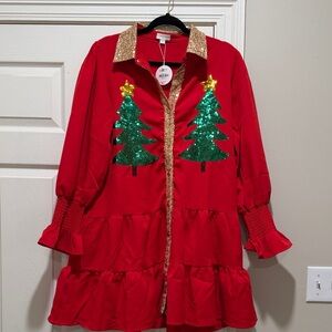 Festive Red Dress with Sequin Trees